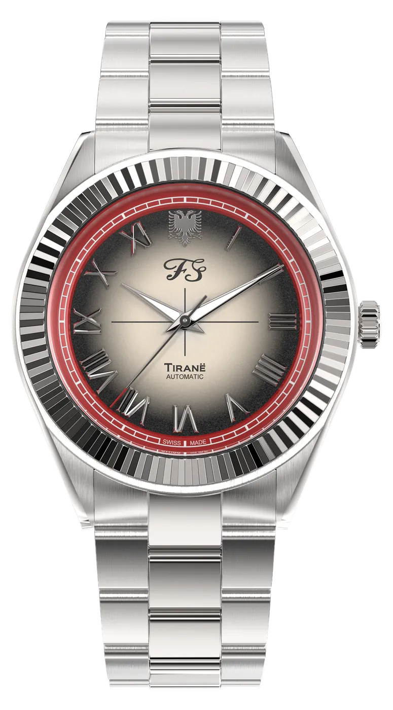The Tiranë, black fumé dial, seen from the front